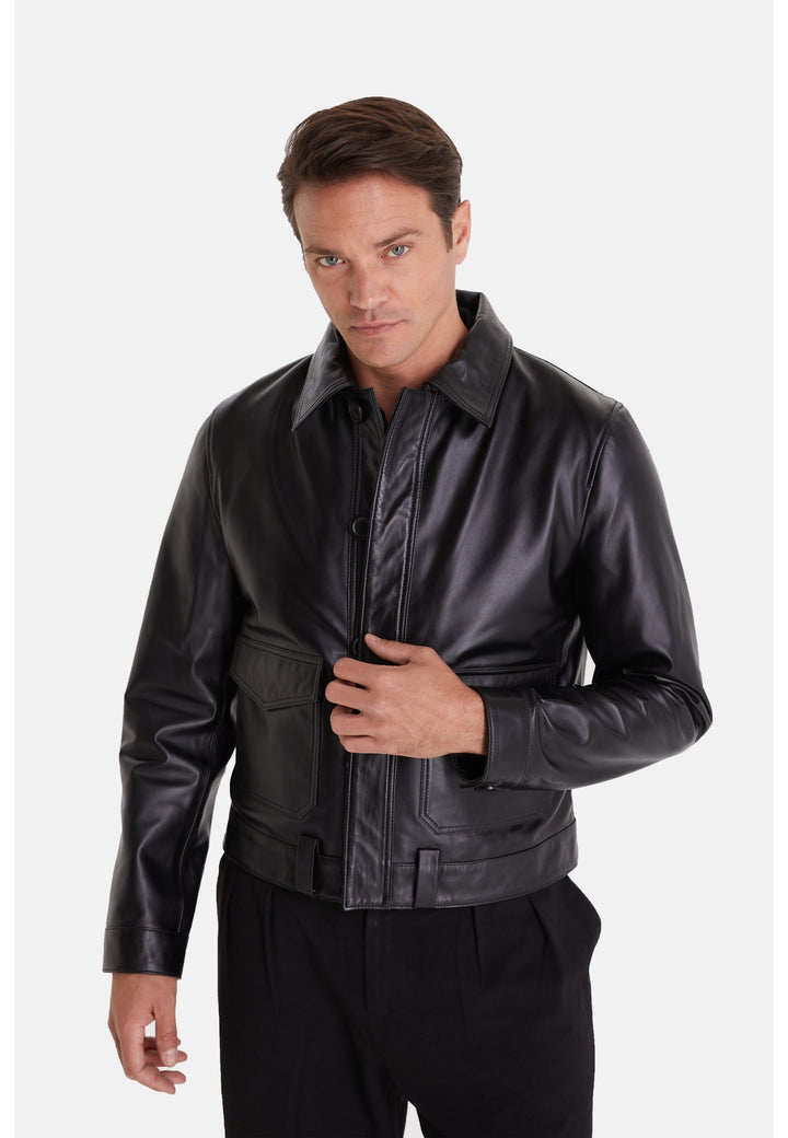 Man wearing black leather jacket