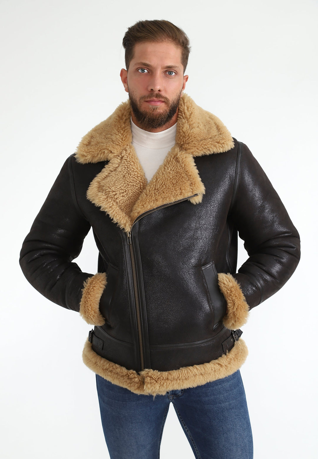 Man wearing brown sheepskin jacket