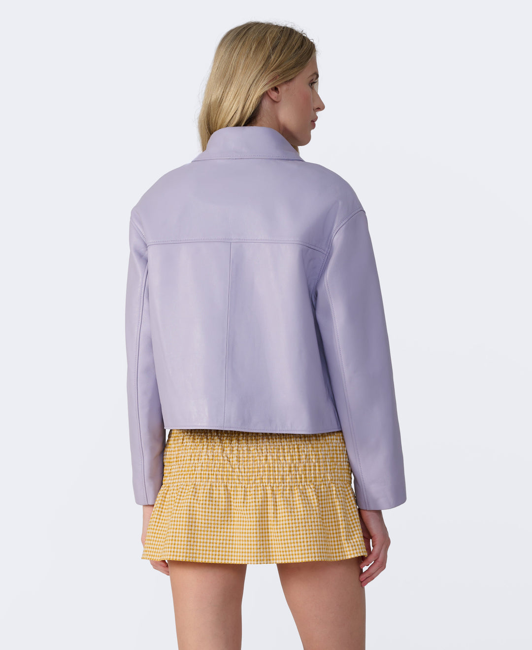 Lilac leather jacket back view
