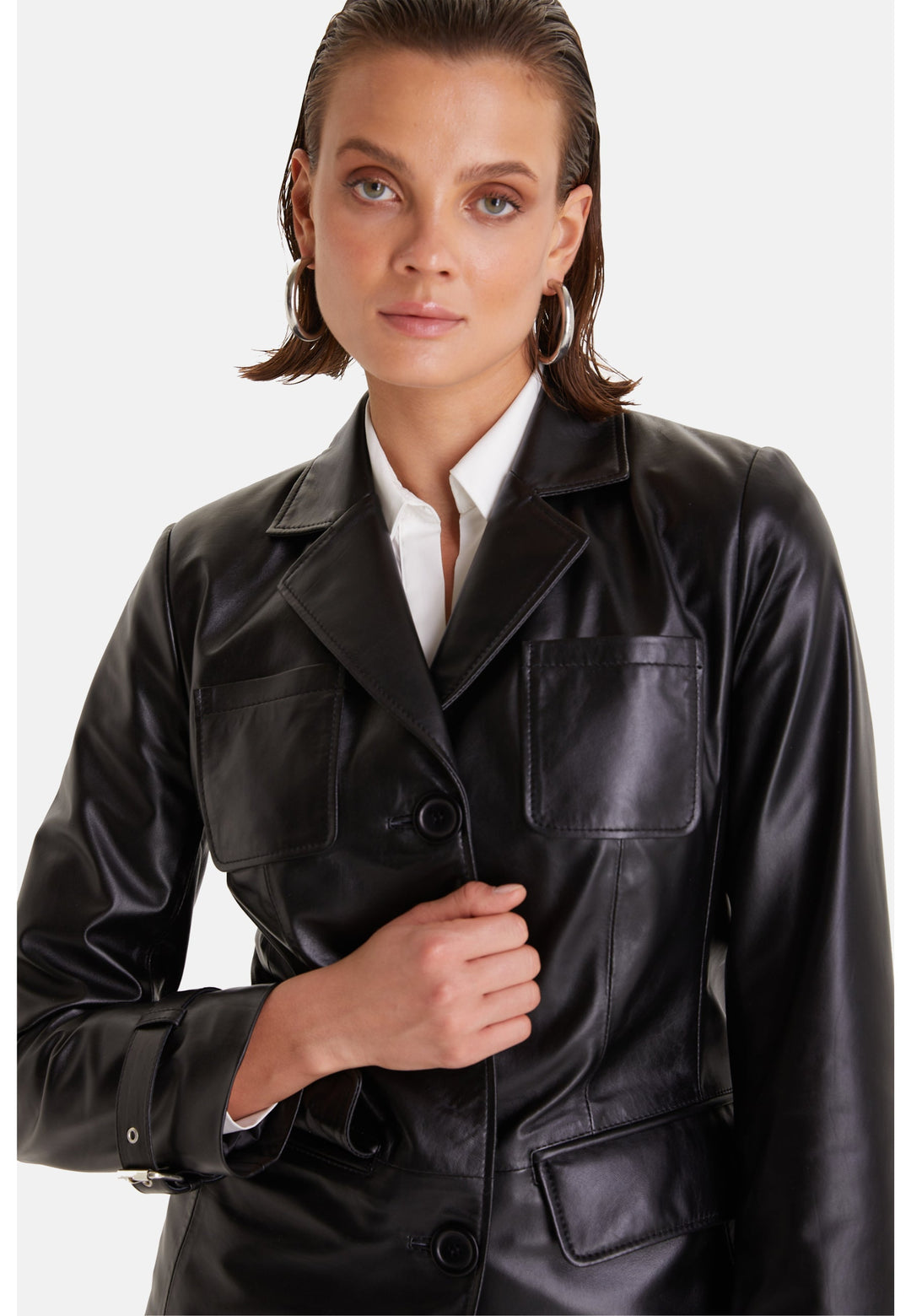Woman wearing black leather jacket