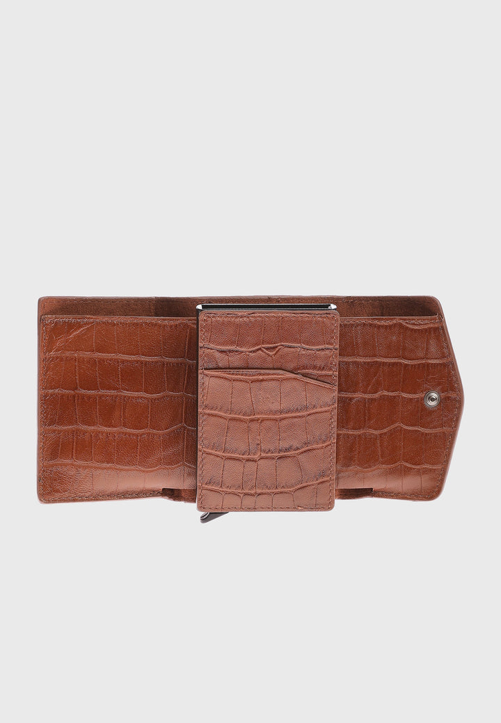 Tan crocodile-pattern leather wallet with clip