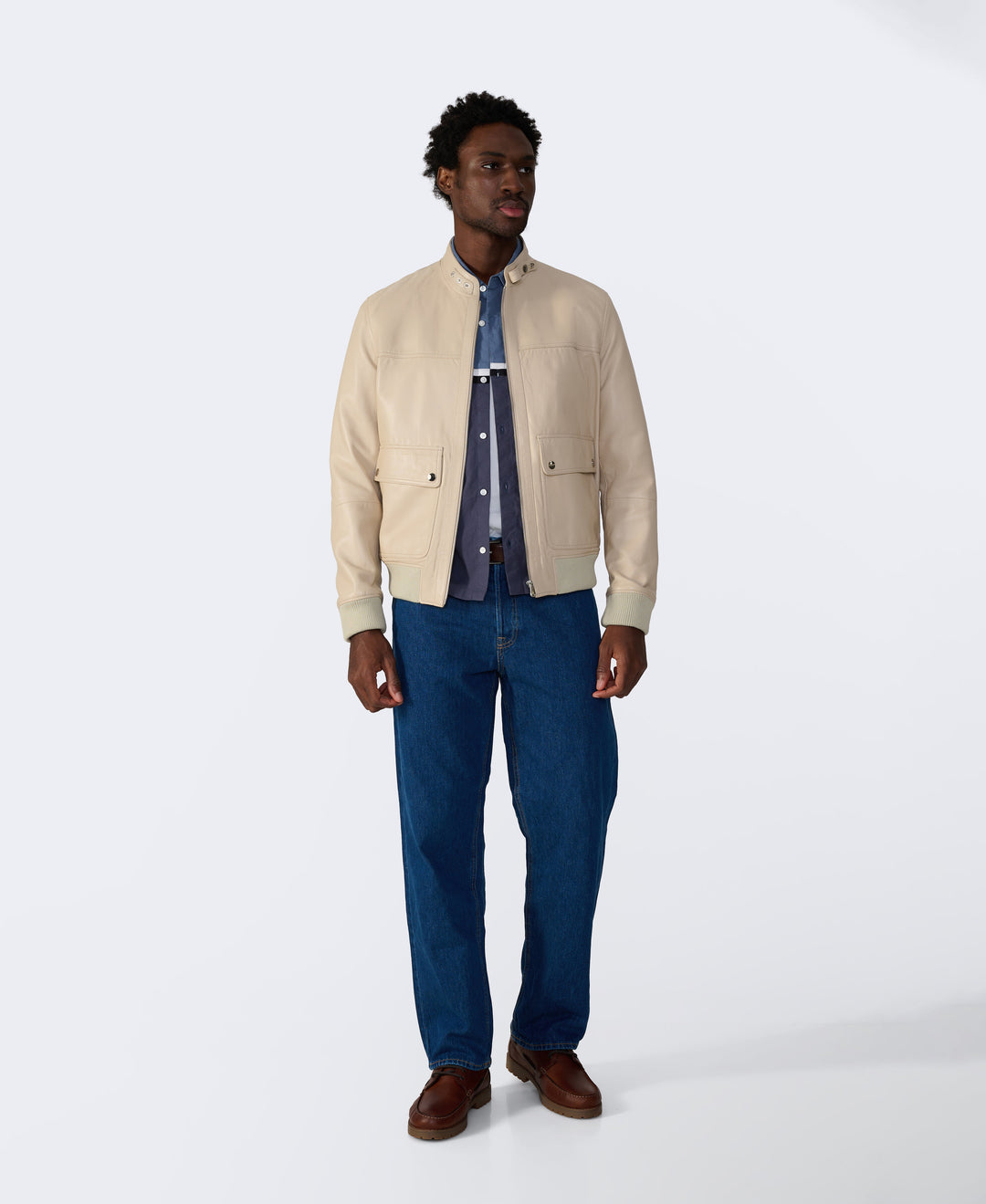 Beige leather jacket on model