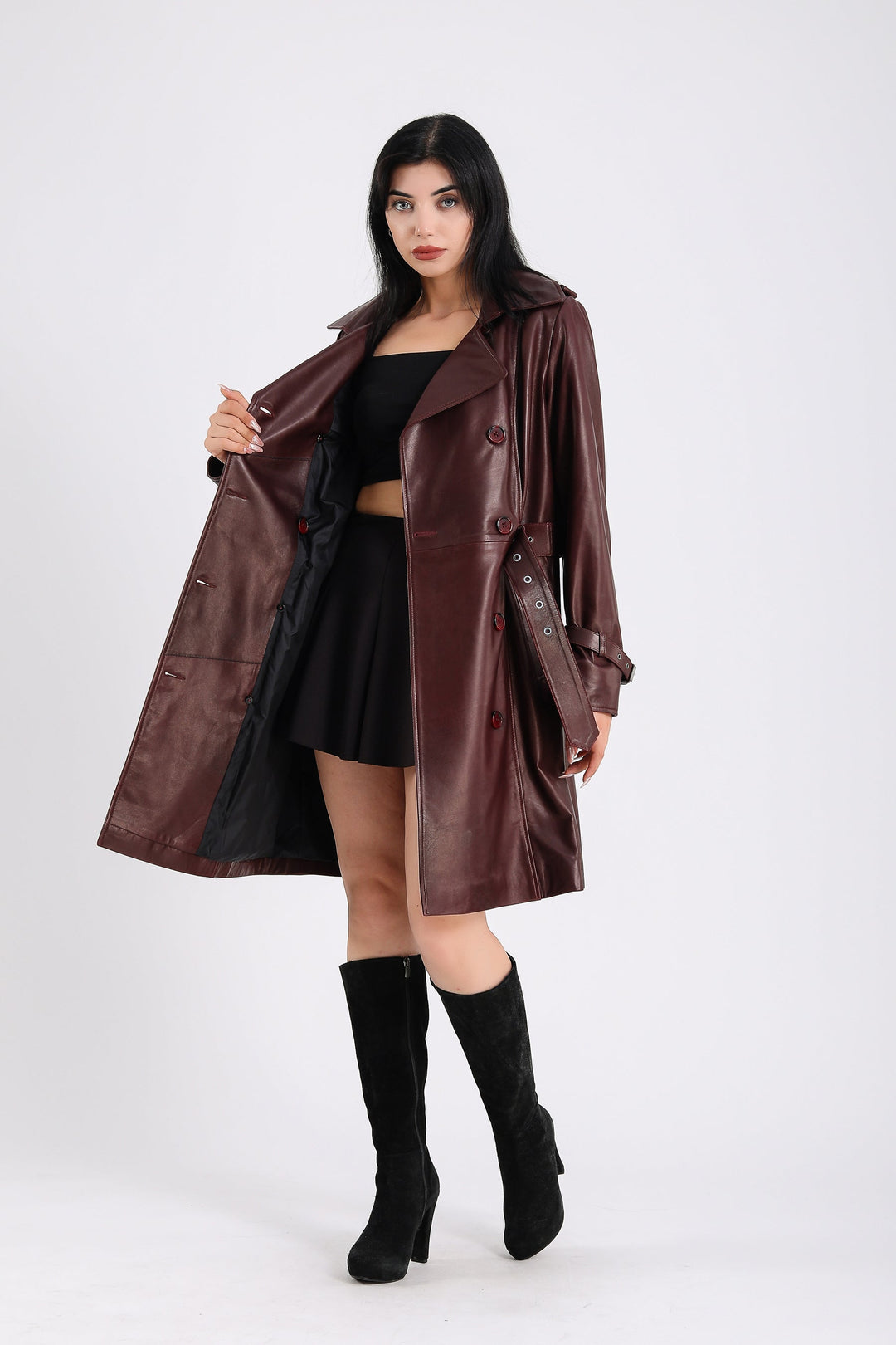 Burgundy leather trench coat on model