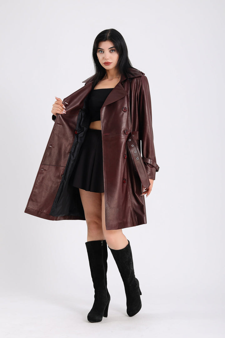 Burgundy leather trench coat on model