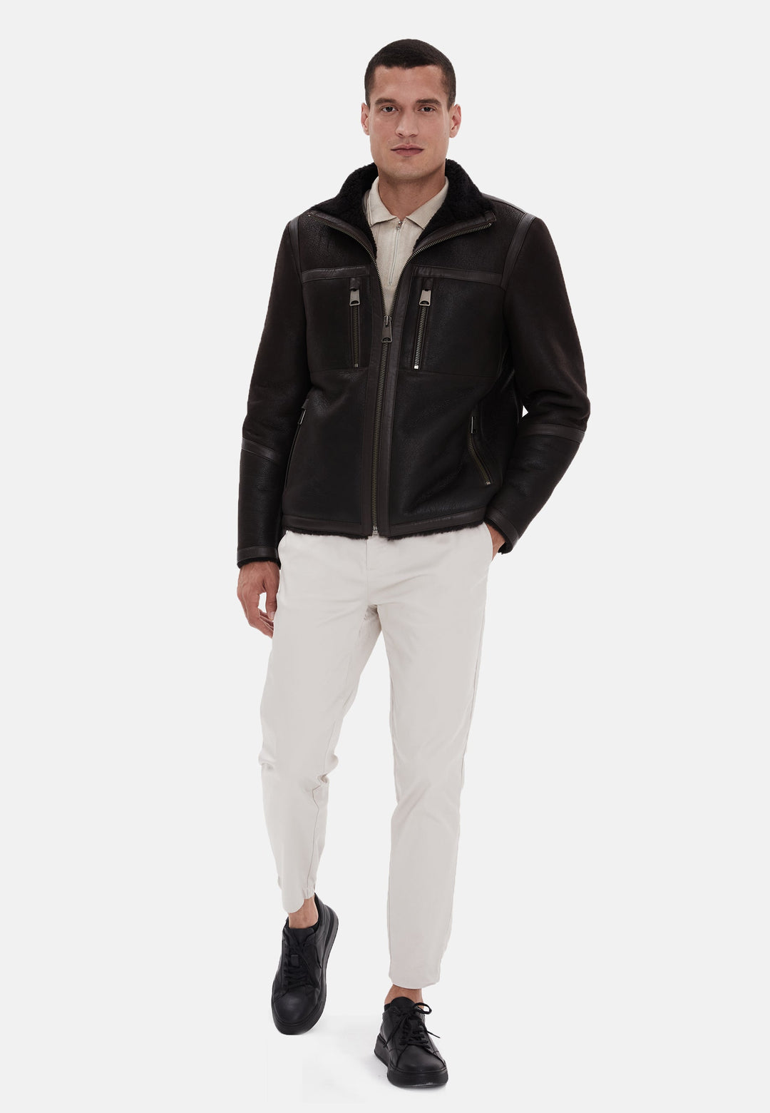 Male model wearing black leather jacket