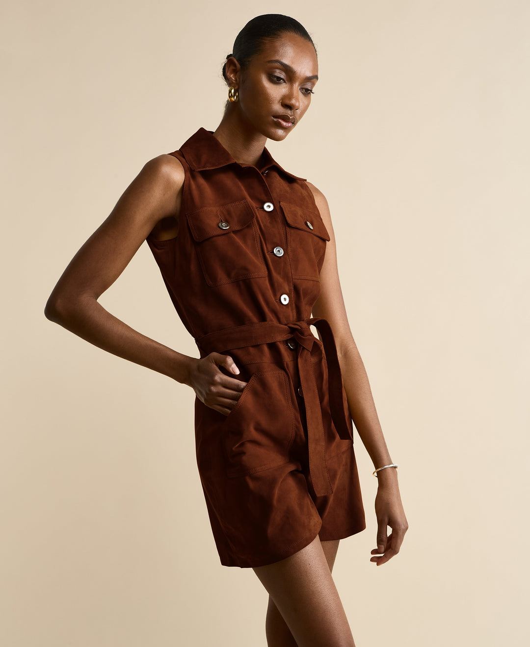 Brown suede sleeveless belted romper