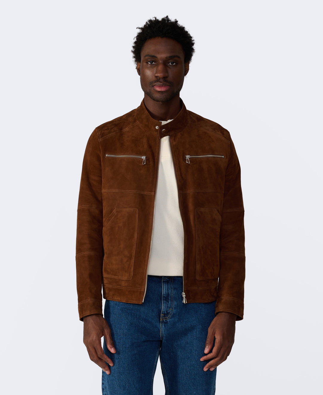 Brown suede jacket on model