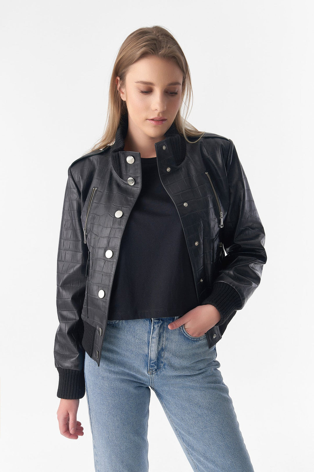 Black faux-leather bomber jacket