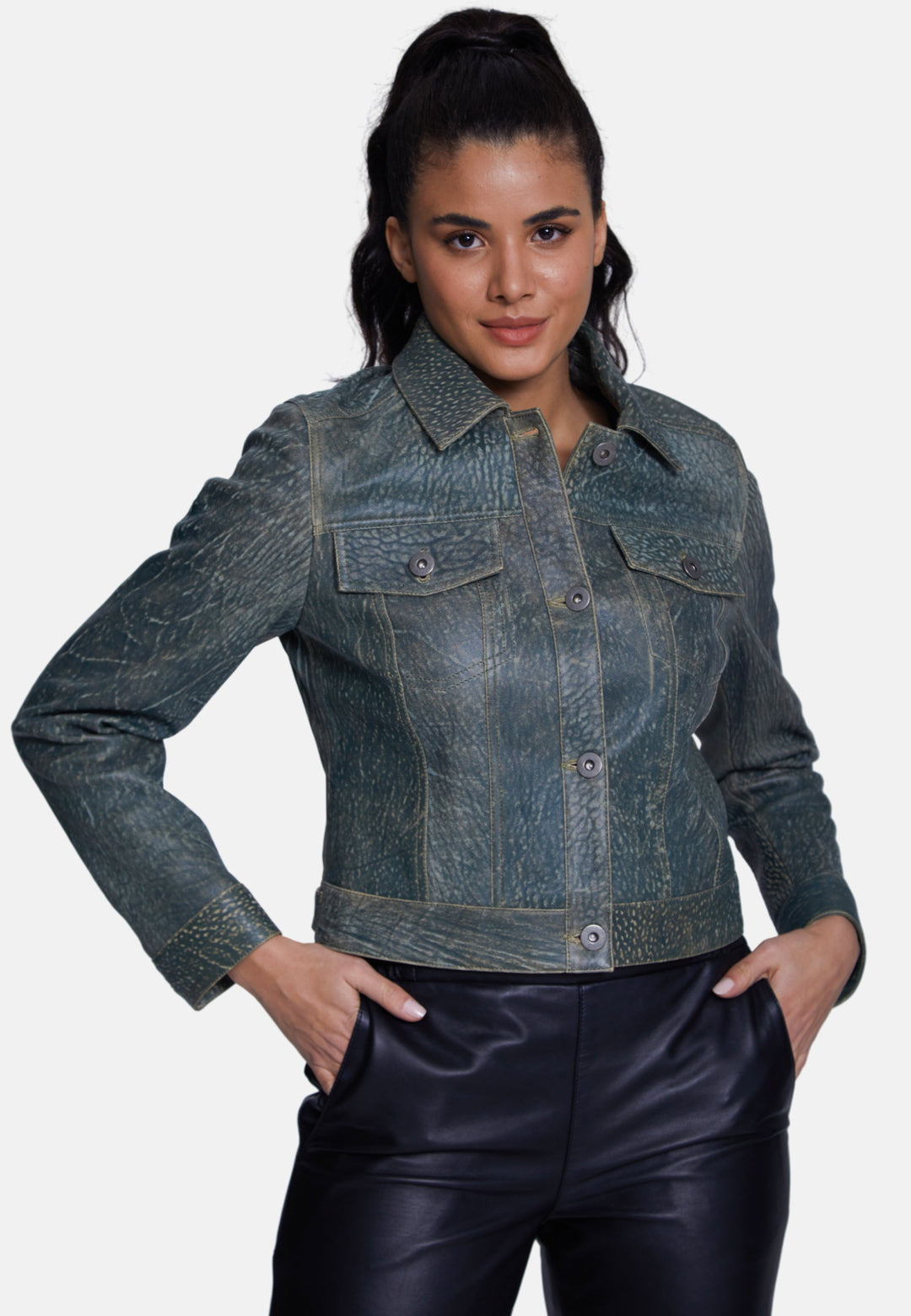 Woman wearing green leather jacket
