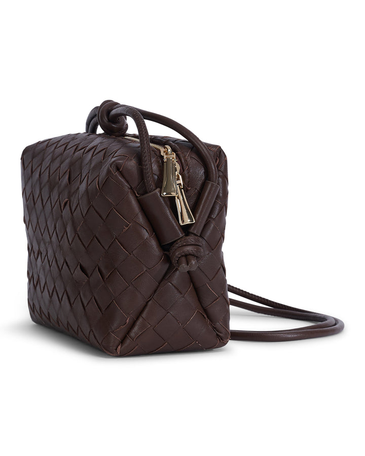 Brown woven leather crossbody bag