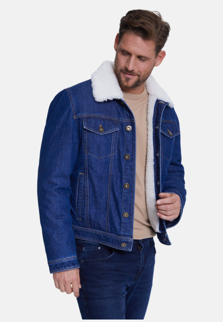 Male model in blue sherpa jean jacket