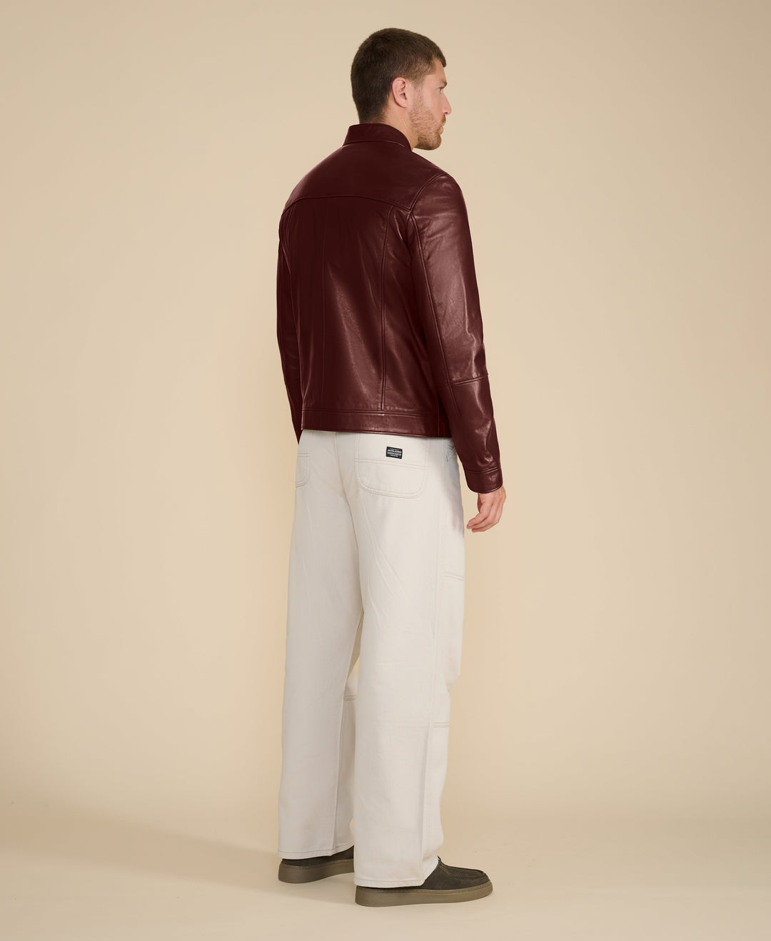 Back view burgundy leather racer jacket