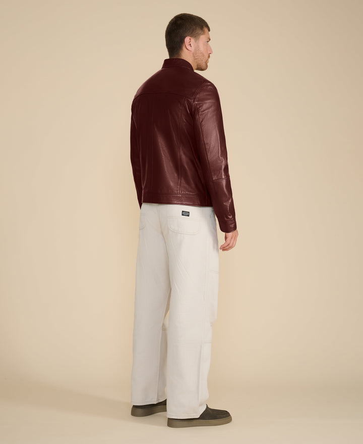 Back view burgundy leather racer jacket