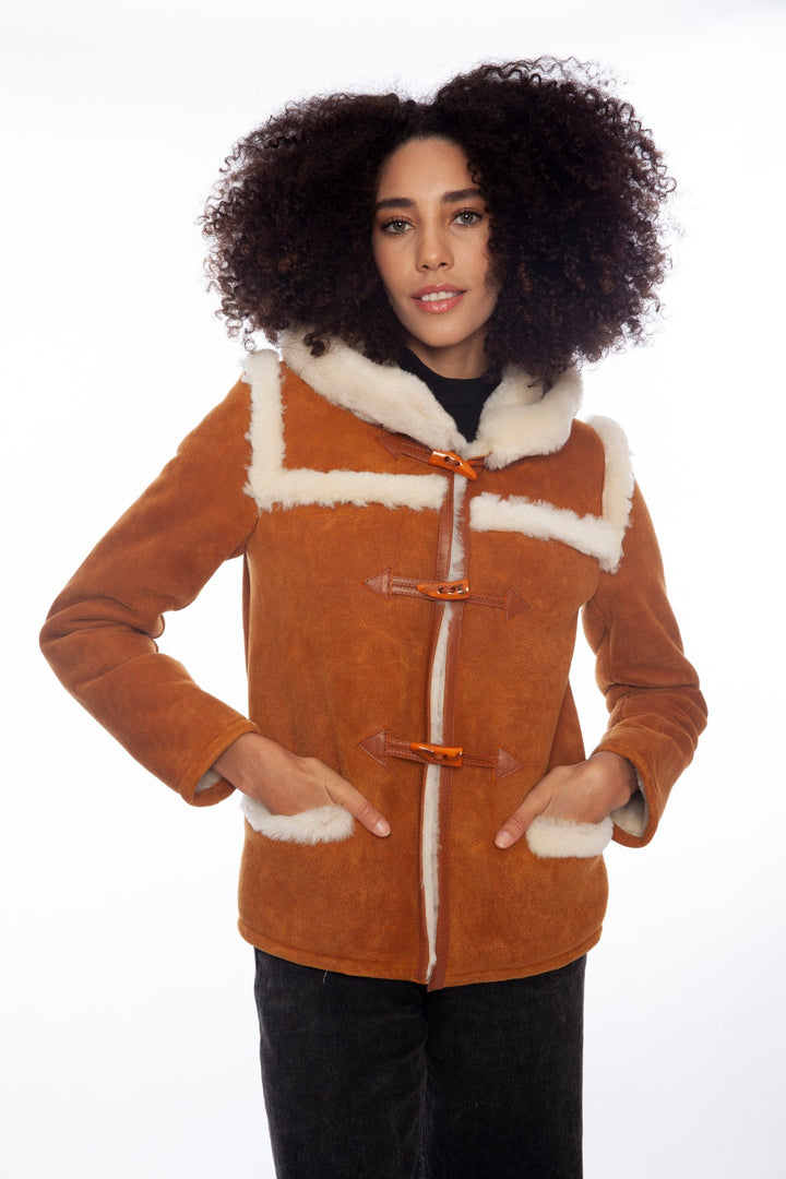 Tan suede shearling jacket with toggles