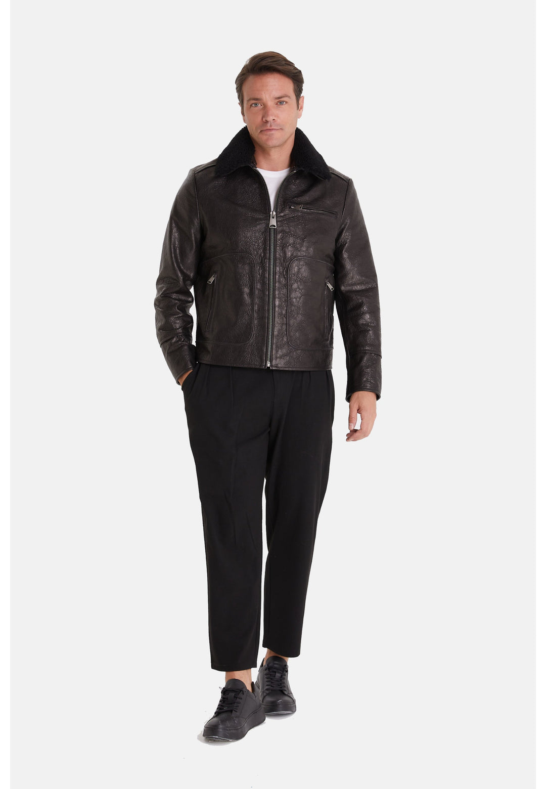 Male model in dark brown leather jacket