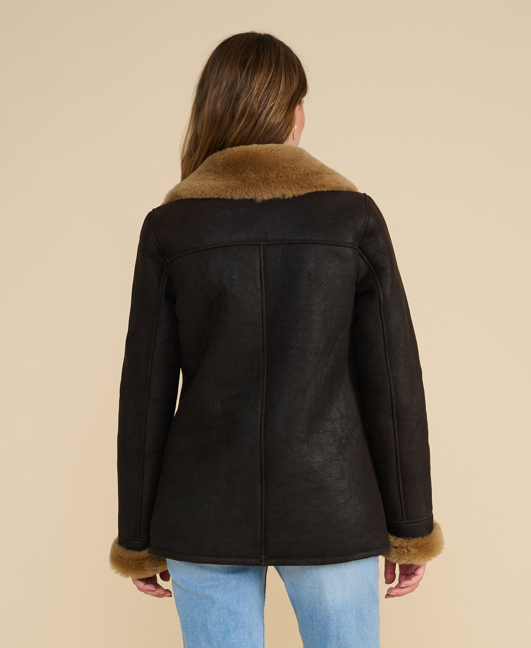 Women's black shearling peacoat back