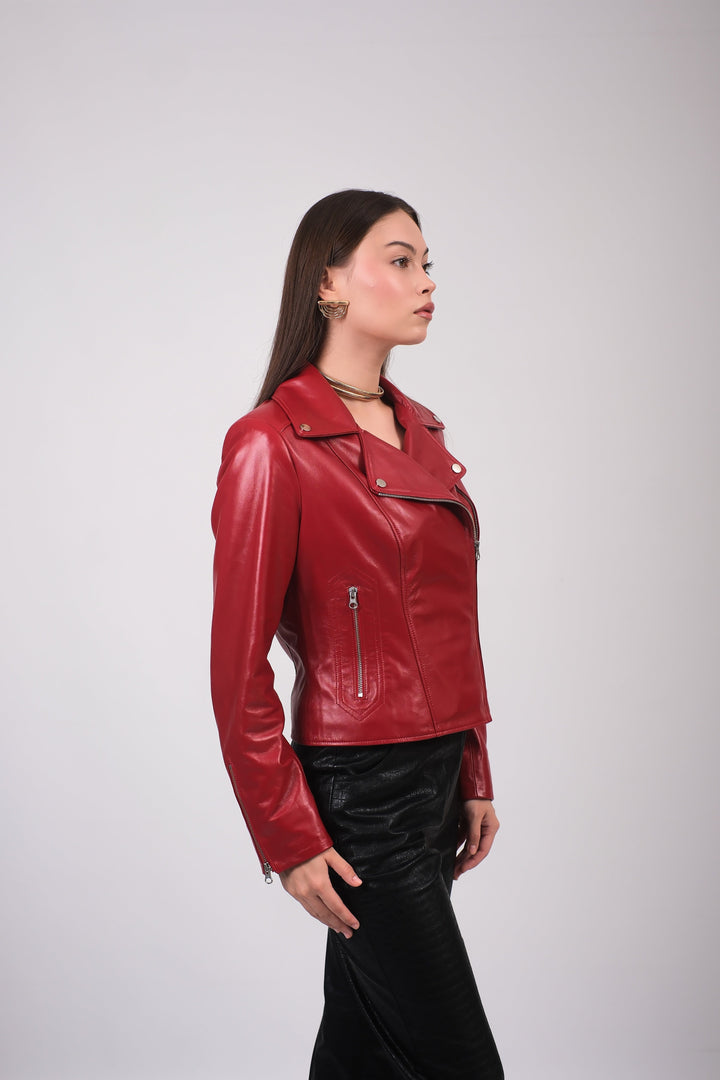 Woman wearing red leather biker jacket