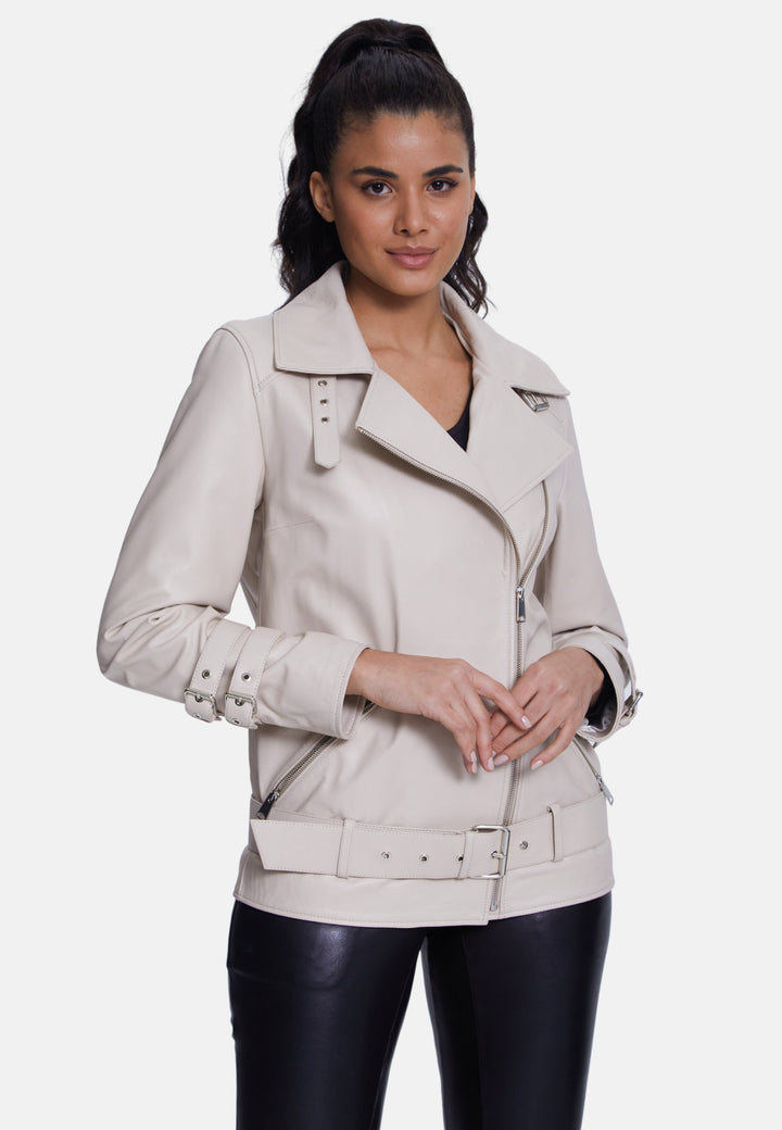 Female model in beige leather jacket