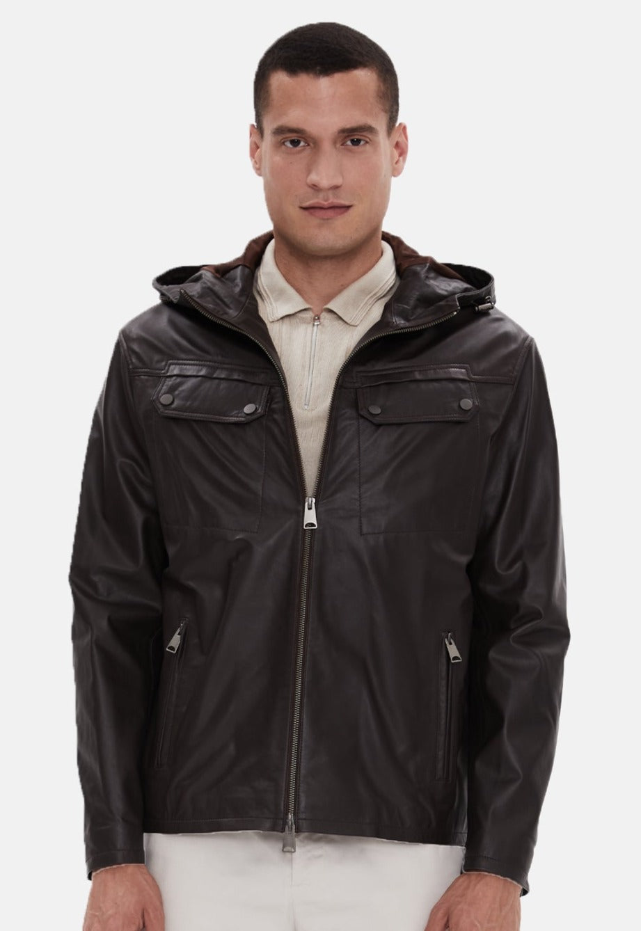 Man wearing dark brown leather hooded jacket