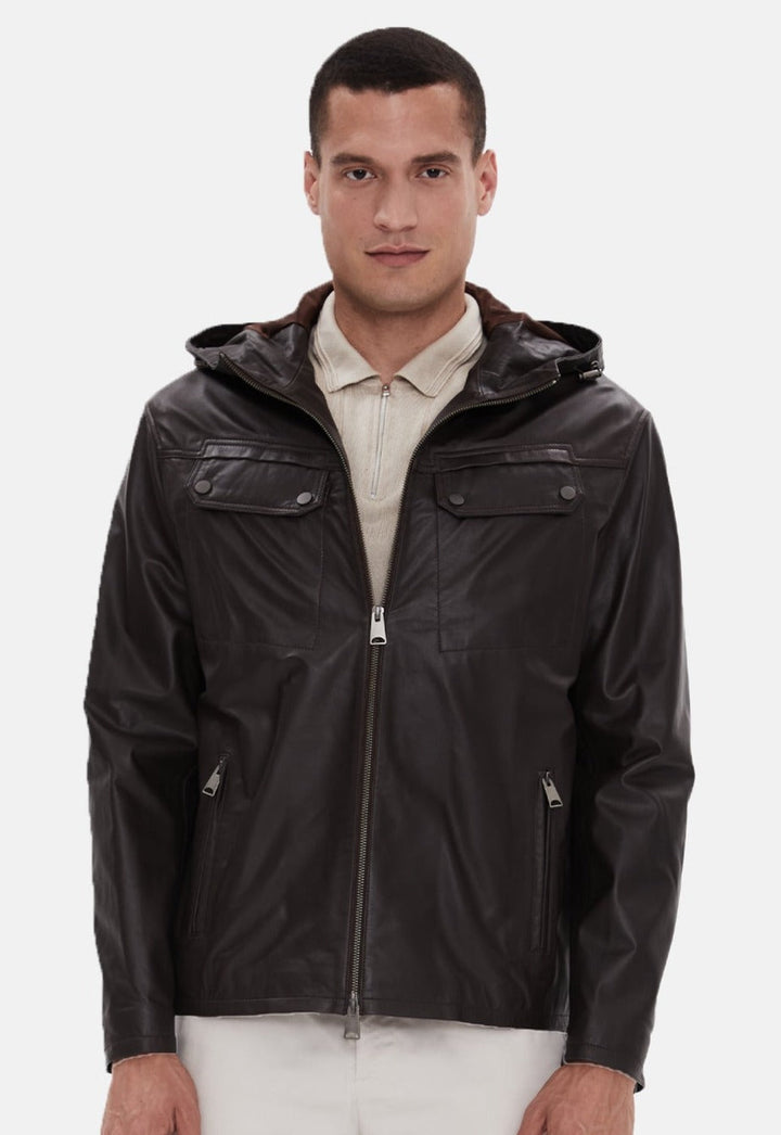 Man wearing dark brown leather hooded jacket