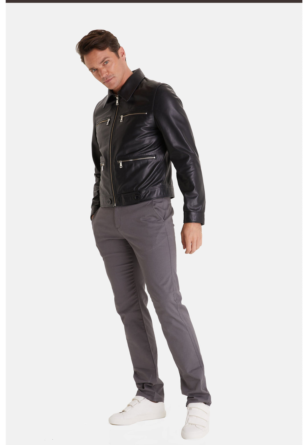 Man wearing black leather jacket