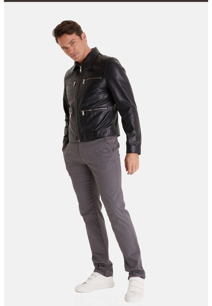 Man wearing black leather jacket