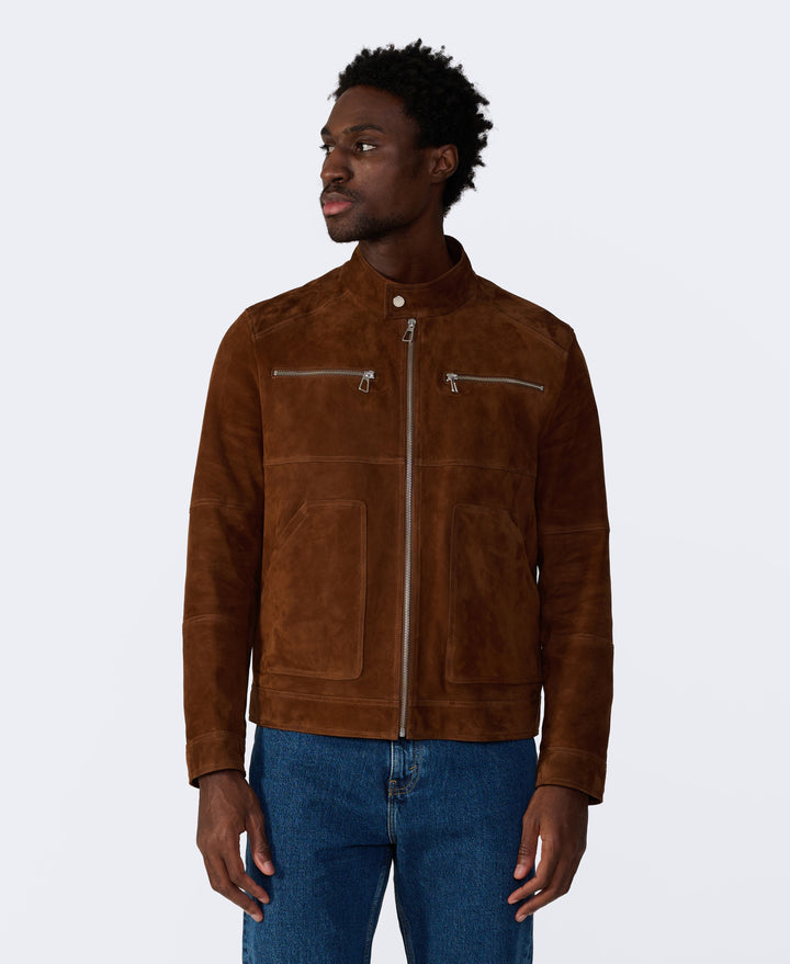 Brown suede zip jacket on model