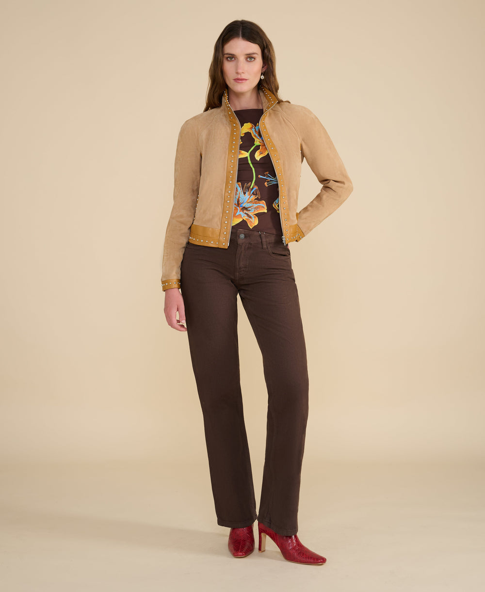 Tan suede studded jacket on model