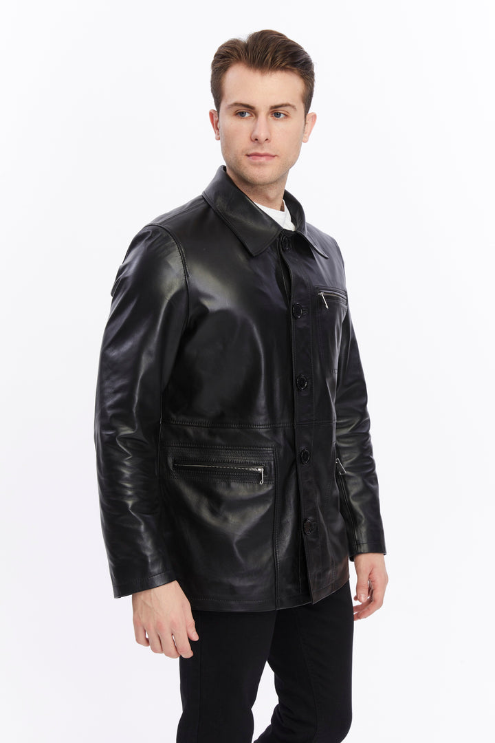 Man wearing black leather jacket