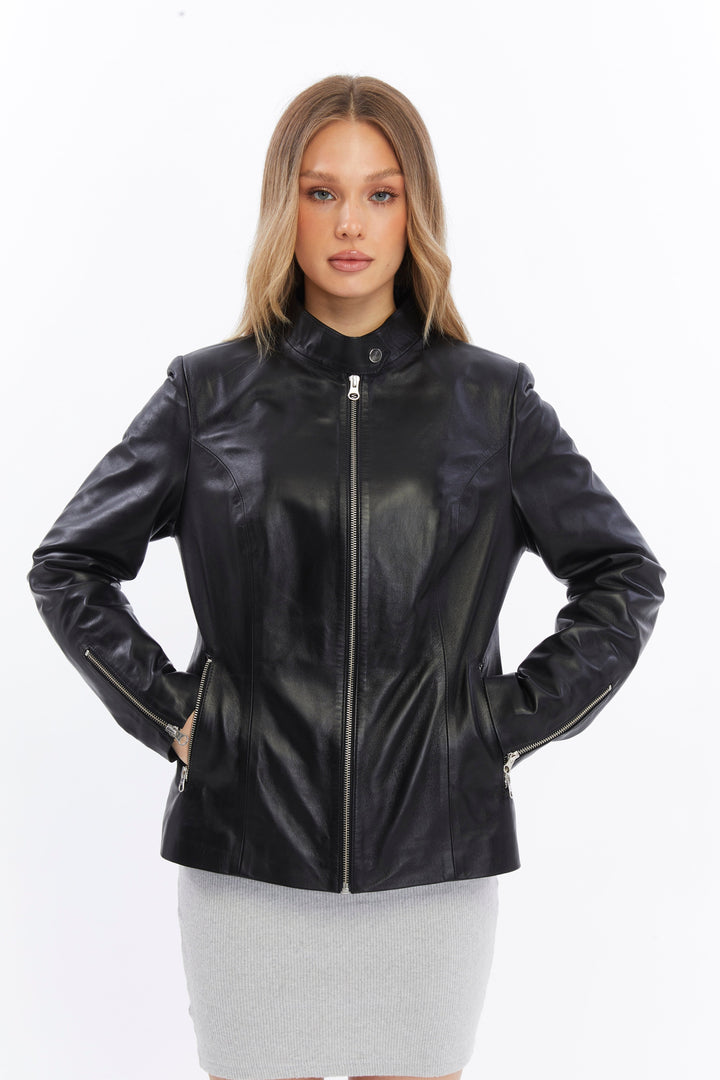 Woman wearing black leather jacket