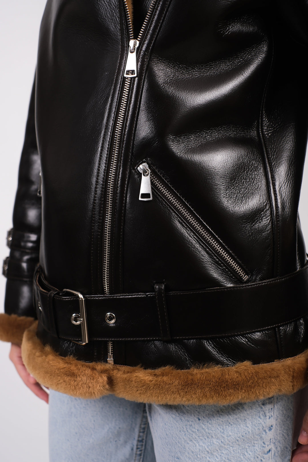 Black shearling-trim leather jacket