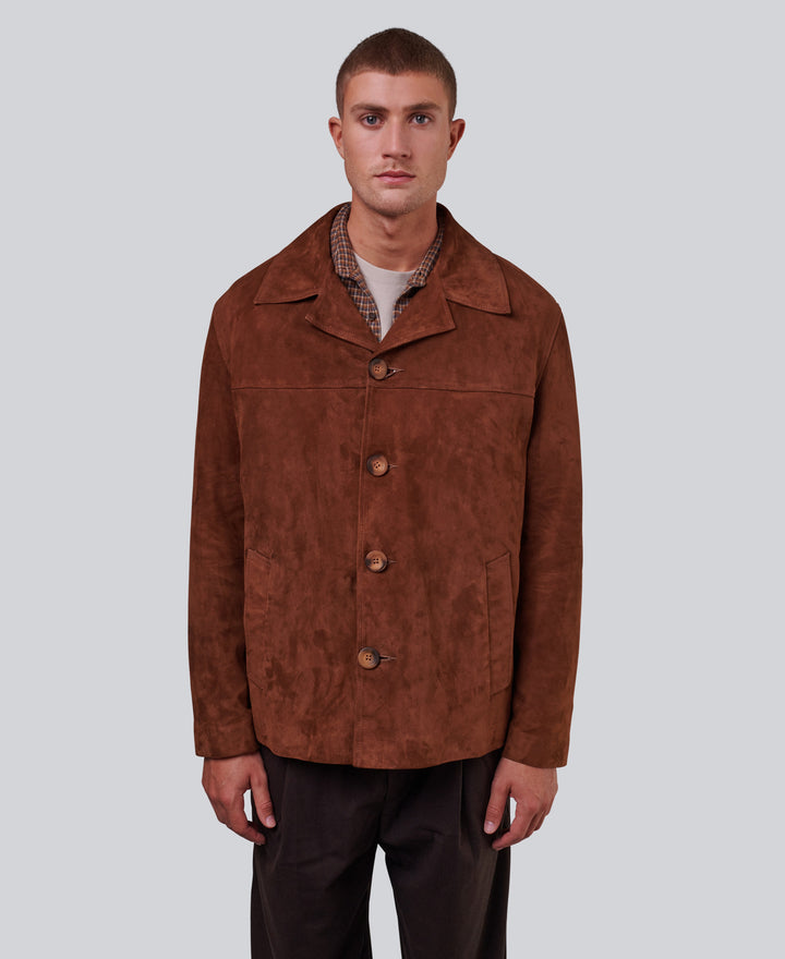 Brown suede jacket on male model