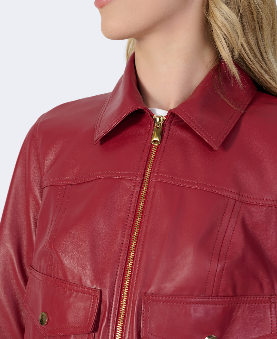 Red leather jacket with gold zipper