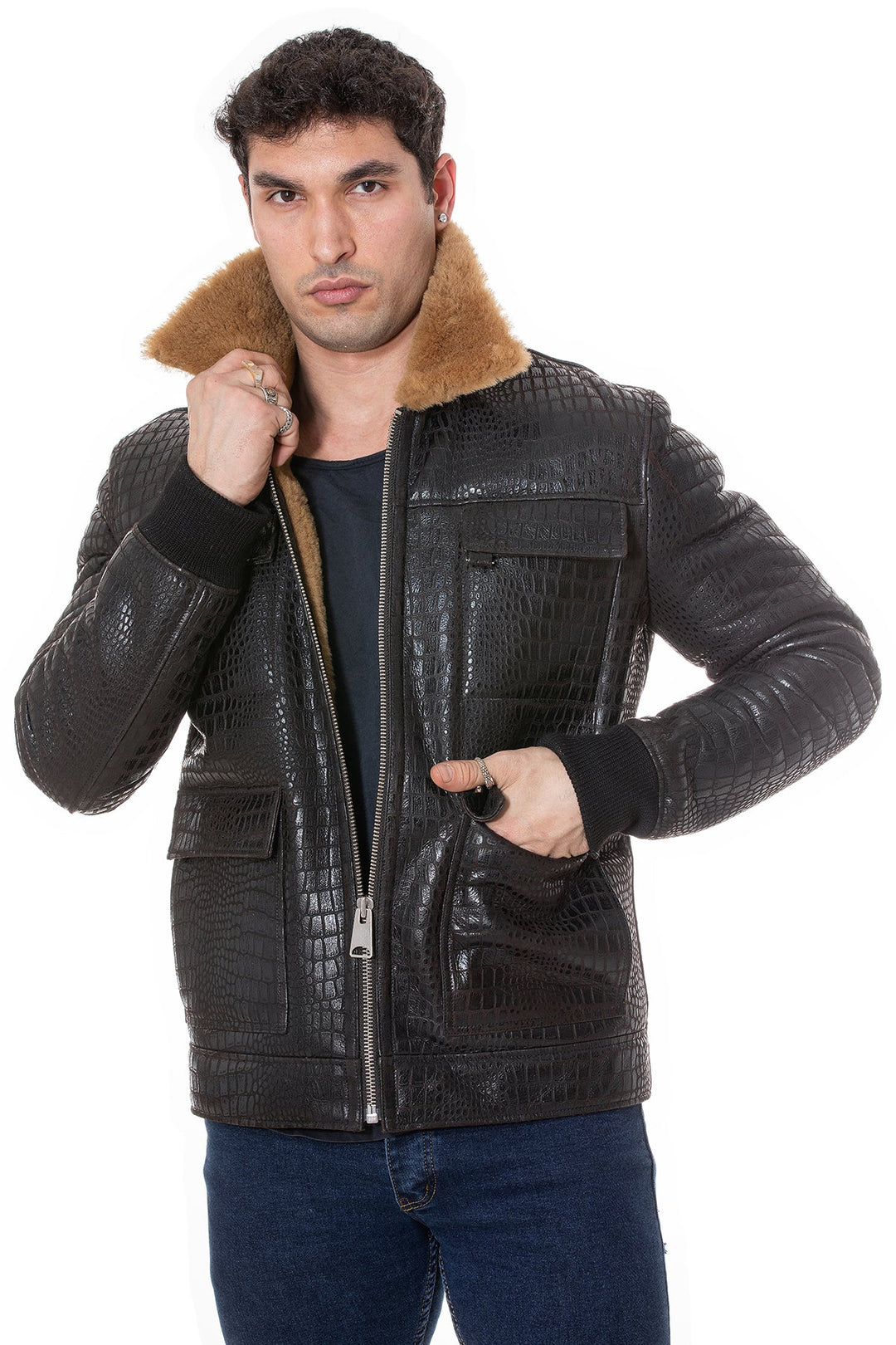 Man wearing black crocodile-embossed shearling coat