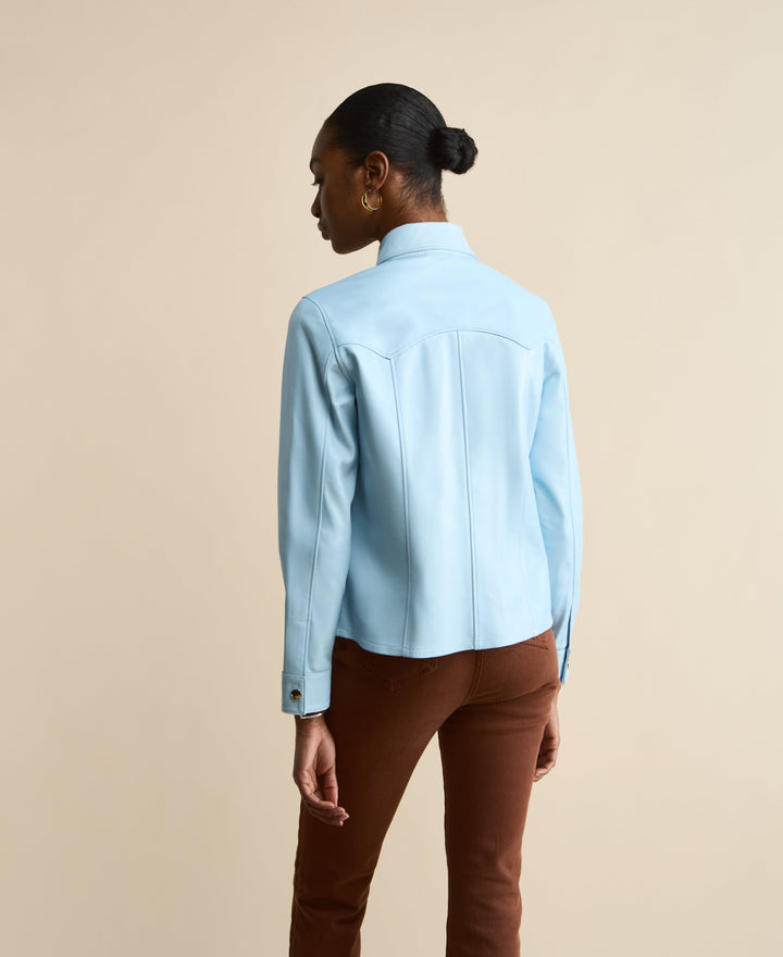 Back view light blue leather shirt jacket