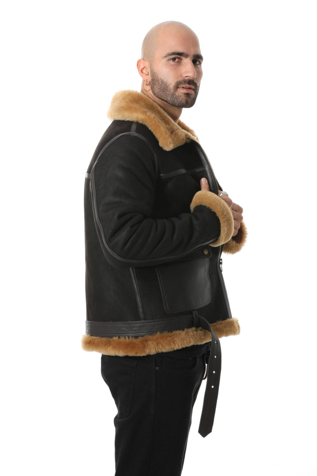 Male wearing black sheepskin pilot jacket