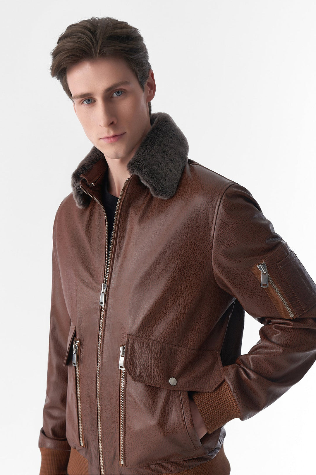 Brown leather jacket with fur collar