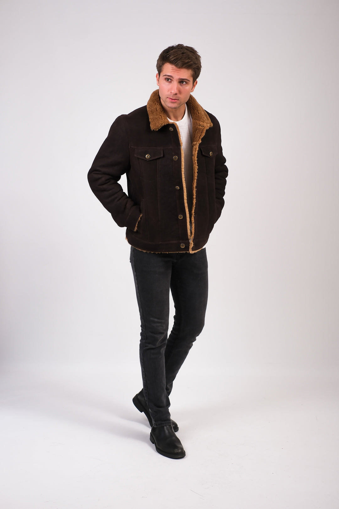 Men's brown shearling jacket with tan collar