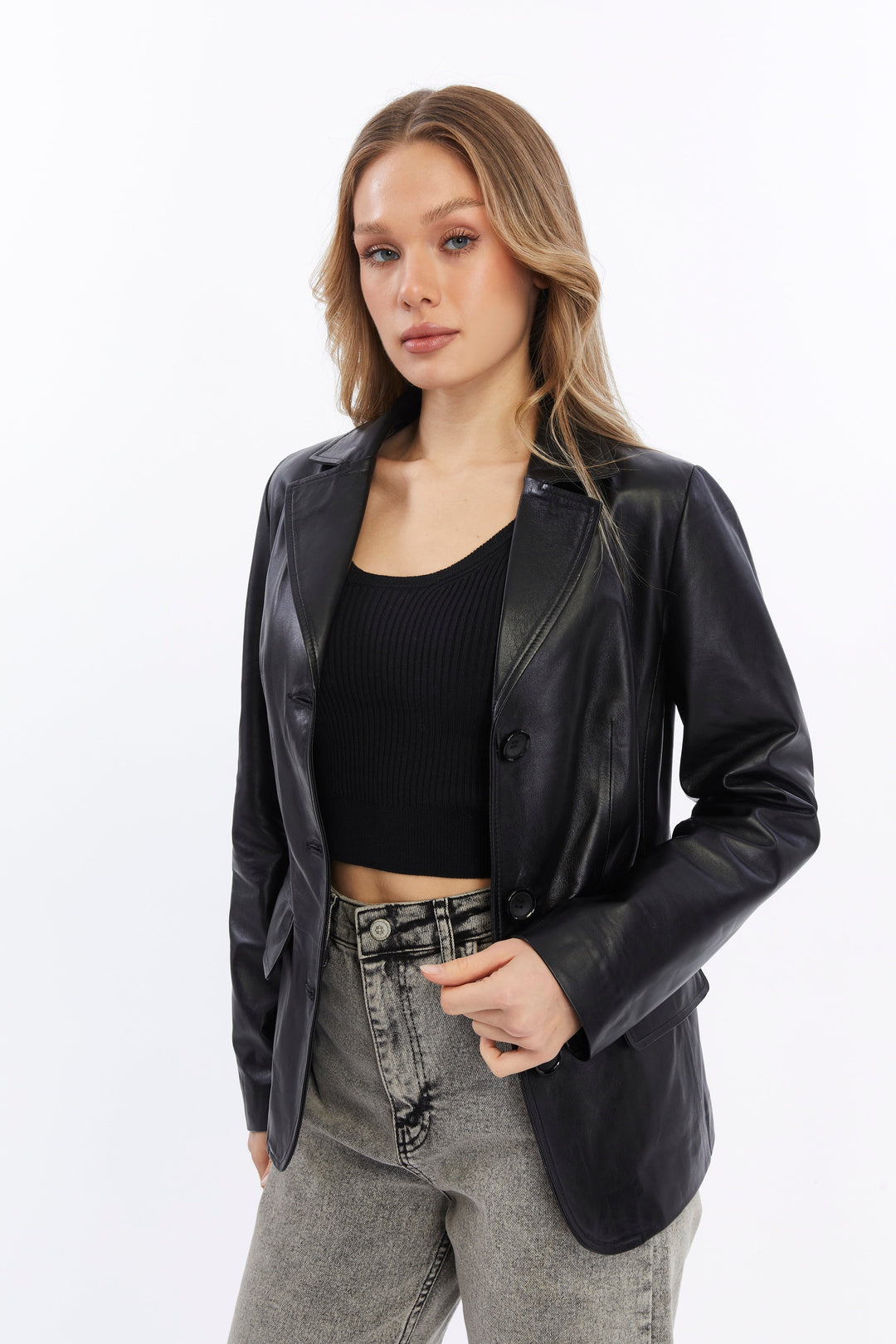 Black leather blazer on model