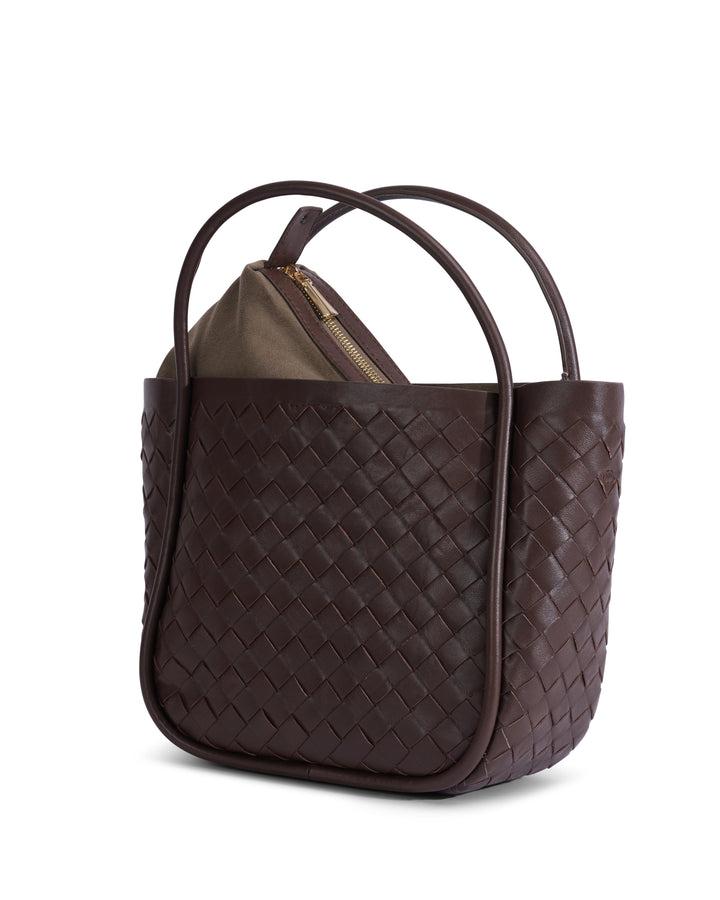 Brown woven leather top-handle bag