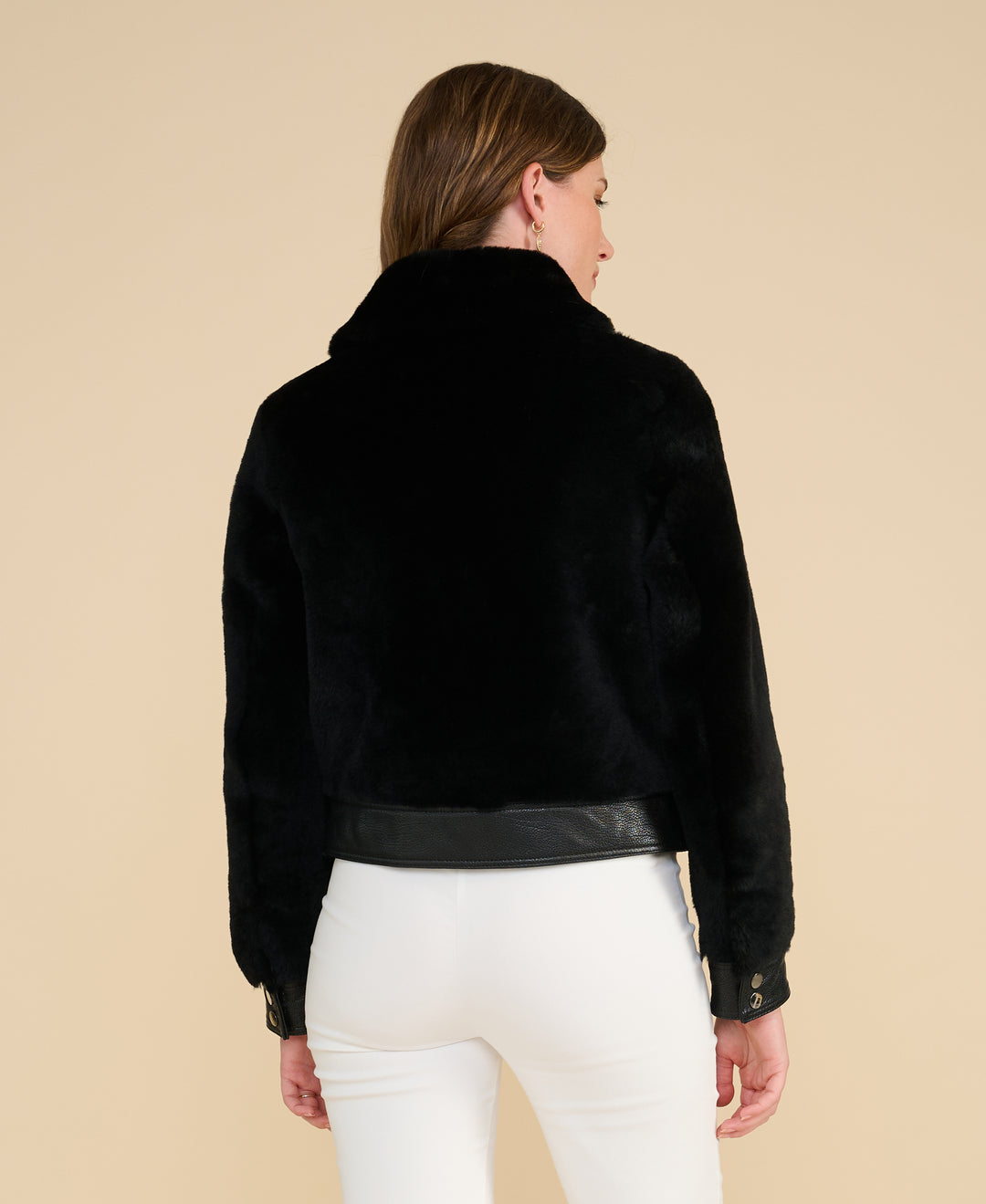 Emery black leather and shearling jacket rear view premium outerwear