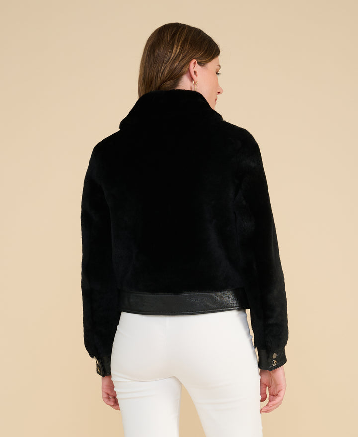 Emery black leather and shearling jacket rear view premium outerwear