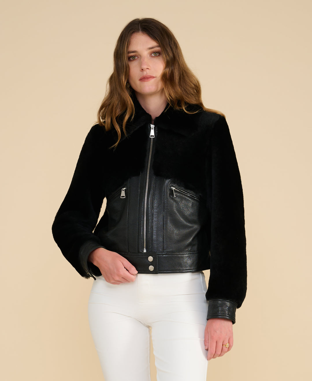 Emery black leather and shearling jacket front view with zip fastening and shearling collar