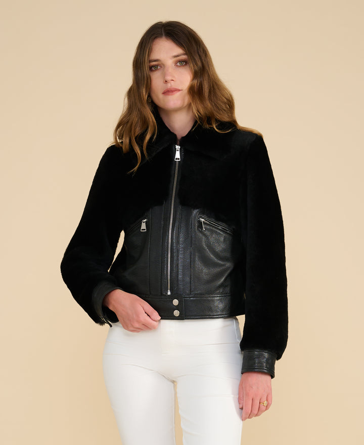 Emery black leather and shearling jacket front view with zip fastening and shearling collar