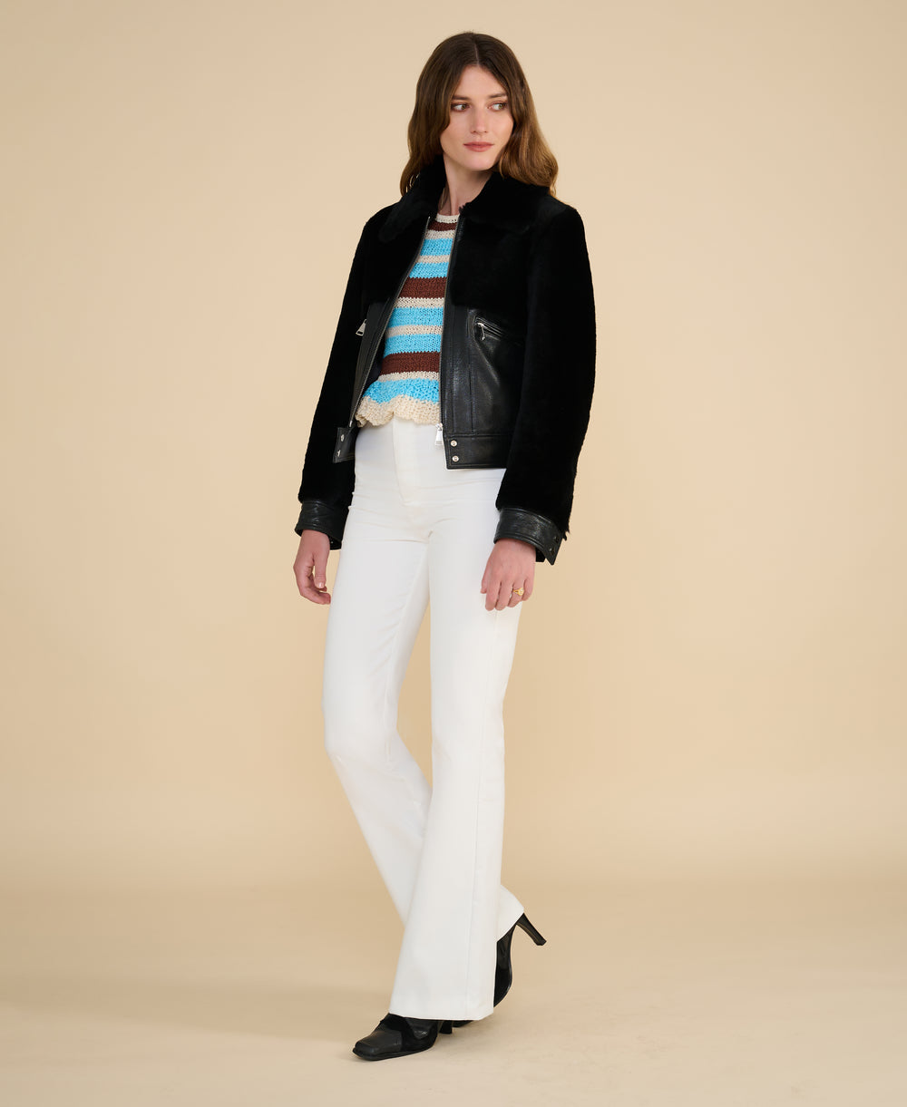Emery black leather and shearling jacket front full view luxury women's outerwear