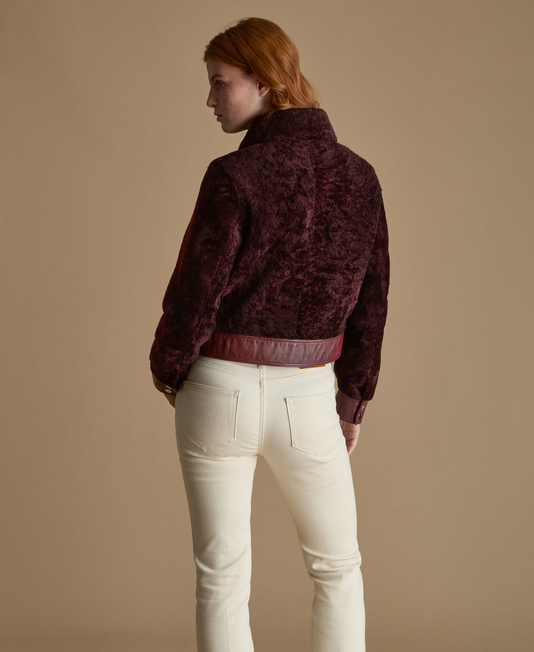 Emery burgundy leather and shearling jacket rear view premium outerwear