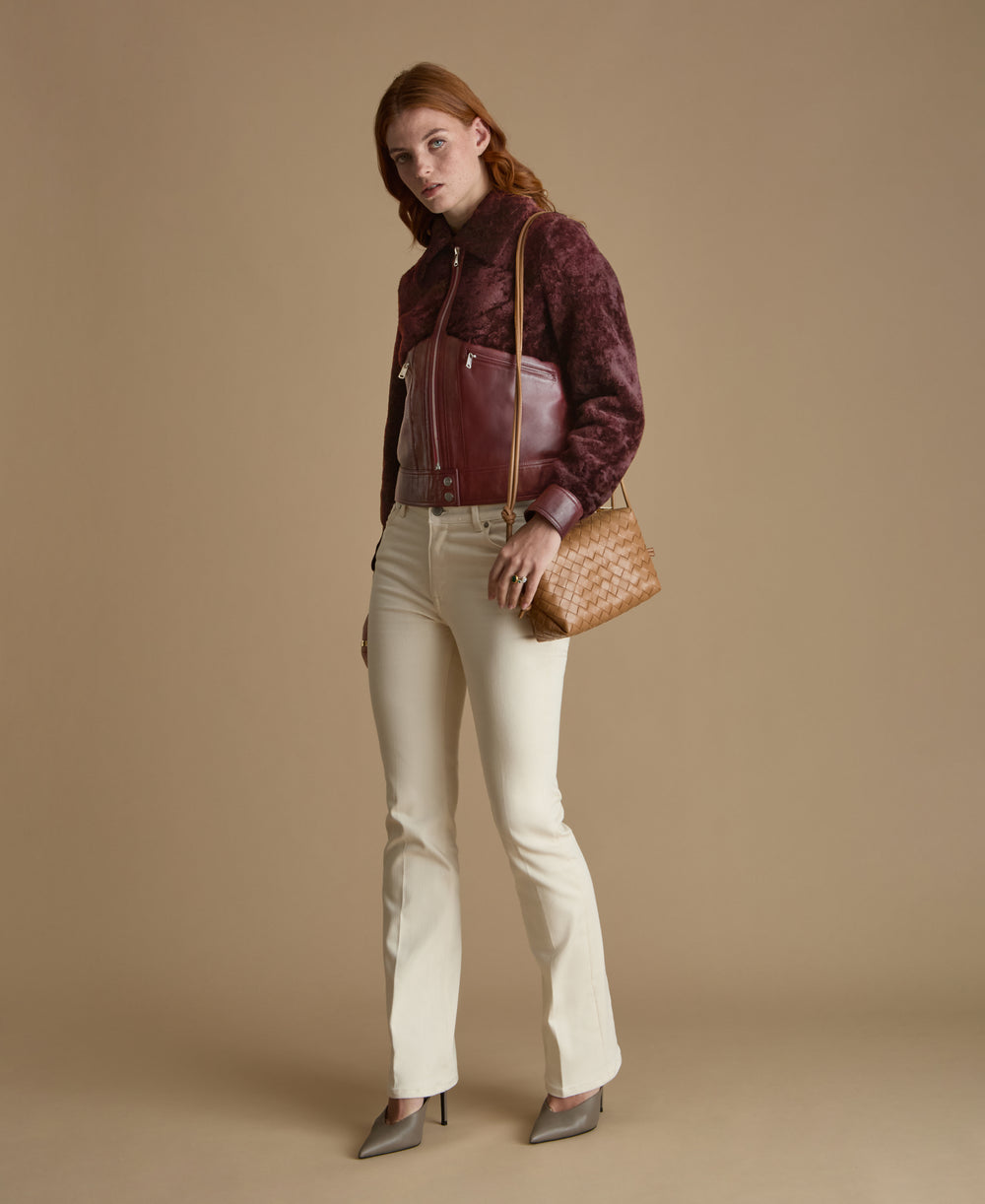 Emery burgundy leather and shearling jacket front full view luxury women's outerwear