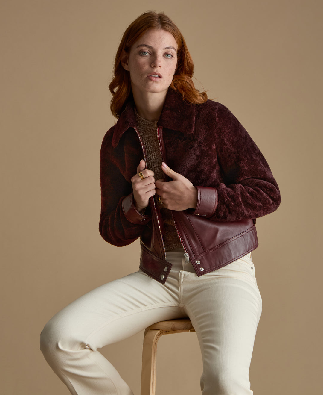 Emery burgundy leather and shearling jacket luxury Fall Winter 2026 styling