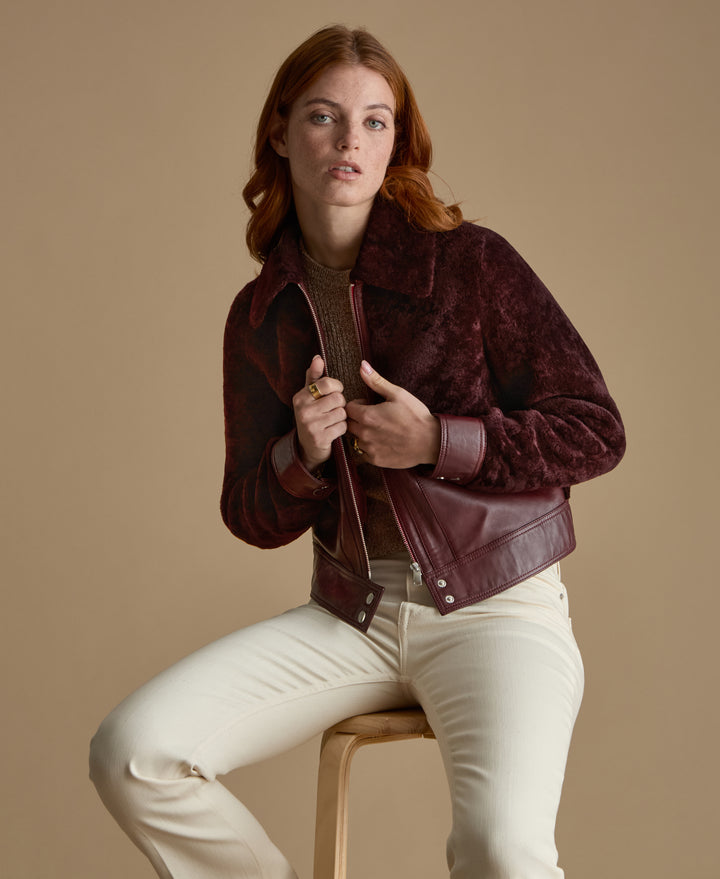 Emery burgundy leather and shearling jacket luxury Fall Winter 2026 styling