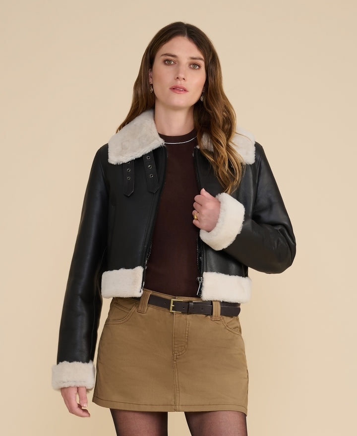 Emery dark brown shearling flight jacket with cream shearling trim front view